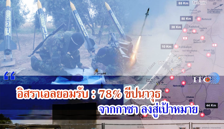 อิสราเอลยอมรับ :  78% ขีปนาวุธจากกาซาลงสู่เป้าหมาย